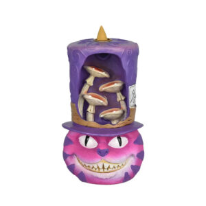 Paarse Cheshire Cat backflow wierookbrander met grijnzende kat en paddenstoelen in zijn hoed