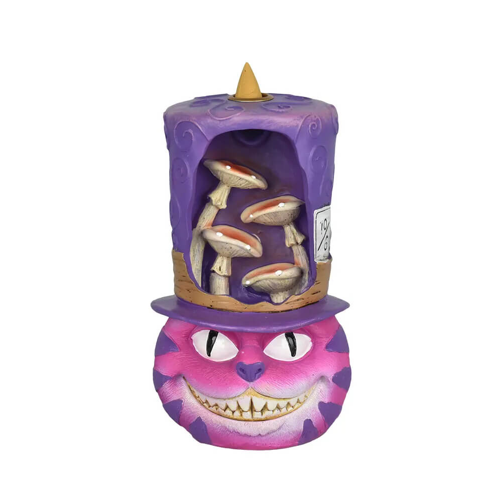 Paarse Cheshire Cat backflow wierookbrander met grijnzende kat en paddenstoelen in zijn hoed
