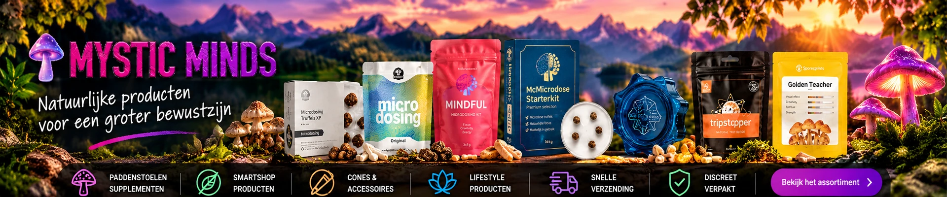 Ontdek het assortiment van Mystic Minds: van microdosing truffels tot smartshop producten en accessoires.